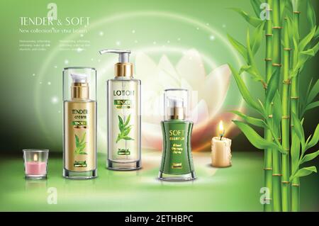 Cosmétiques publicité peau adoucissant beauté baume crème hydratant pulvérisateurs distributeurs bougies aromatiques tiges de bambou composition réaliste vecteur illus Illustration de Vecteur