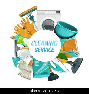 Service de nettoyage de maison, blanchisserie et nettoyage de ménage, bannière vectorielle. Service à la maison propre, outils et fournitures de nettoyage à la maison balai mop, laund Illustration de Vecteur