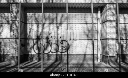 Graffitis sur un bâtiment abandonné pris par une clôture rouillée. Banque D'Images