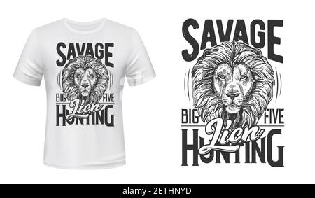 T-shirt de chasse au lion à imprimé vectoriel. Lion tête mâle avec une épaisse carie, illustration et typographie gravées de chat sauvage africain. Trophée des cinq grands, chasse au tou Illustration de Vecteur