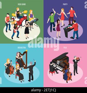 Musiciens concept de conception isométrique avec orchestre rock musique folk et une illustration vectorielle isolée de fête dansante Illustration de Vecteur