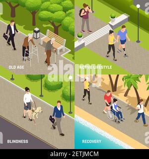 Handicapés blessés activités de plein air réhabilitation 4 Isomistric Icons concept avec illustration de vecteur d'amputation et d'ancien aveugle Illustration de Vecteur