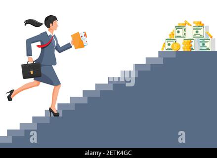 Une femme d'affaires monte à l'échelle de l'argent. Définition des objectifs. Objectif intelligent. Cible commerciale. Réalisation et succès. Concept de réussite croissance de carrière. Réalisation et objectif. Illustration vectorielle plate Illustration de Vecteur