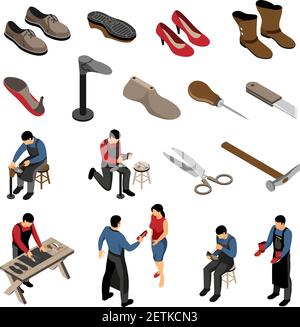 Ensemble de cordonniers isométriques avec divers modèles de chaussures pour hommes et les femmes avec des personnages humains illustration vectorielle Illustration de Vecteur