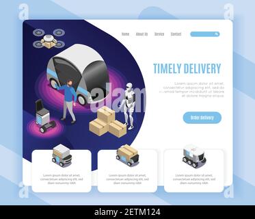 Options de commande de service de livraison de robot conception de page Web isométrique avec illustration du vecteur de marchandises de chargement humanoïde d'atterrissage de drone Illustration de Vecteur