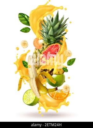 Composition en rafale de jus de ftuiys réaliste avec images en spray et illustration vectorielle de fruits tropicaux mûrs sur fond vierge Illustration de Vecteur