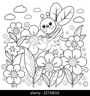 Une abeille volant autour des fleurs au printemps. Page de couleur noir et blanc. Banque D'Images