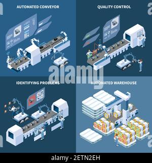 Concept de conception isométrique de fabrication intelligente avec entrepôt automatisé de convoyeurs robotisés identification des problèmes contrôle qualité vecteur isolé il Illustration de Vecteur