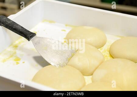 Boulettes de pâte fraîches faites pour cuire de la pizza dans le blanc boîte en plastique dans une pizzeria Banque D'Images