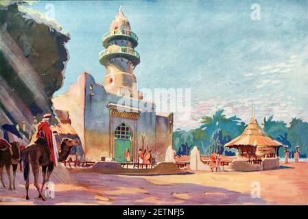 Illustration en couleur du pavillon somalien sous forme de Un brique de boue ou une mosquée d'Adobe au Paris 1931 Exposition coloniale Banque D'Images