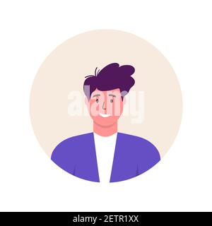 Personnage d'avatar tendance de l'icône homme. Illustration vectorielle plate joyeuse et heureuse. Cadre rond. Portraits de sexe masculin, groupe, équipe. Adorables gars isolés Illustration de Vecteur