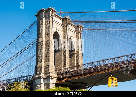 NEW YORK, ÉTATS-UNIS - 26 septembre 2014 : vue sur le pont de Brooklyn à New York avec ciel bleu sans nuages Banque D'Images