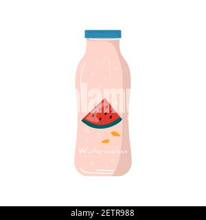 Jus de pastèque d'été dans une bouteille icône avec fruits et baies. Fruits végétaliens et cocktails de détox sains. Mélanges de légumes, boissons non alcoolisées et Vita rafraîchissante Illustration de Vecteur