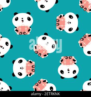 Joli kawaii panda tenant des valises sans couture motif vectoriel arrière-plan. Des ours de bande dessinée assis avec des bagages de voyage roses sur leurs tours en bleu aqua Illustration de Vecteur