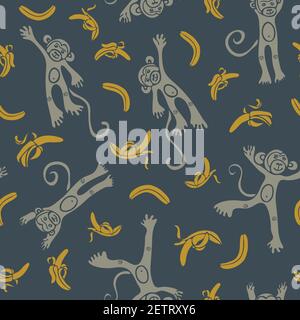 Motif vectoriel sans couture avec singes et bananes sur fond bleu. Papier peint amusant pour les enfants. Illustration de Vecteur
