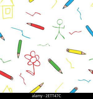 Motif vectoriel transparent avec enfants dessinant sur fond blanc. Papier peint enfant simple avec crayons de couleur. Art préscolaire amusant Illustration de Vecteur