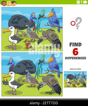 Illustration de dessin animé de trouver les différences entre les images jeu éducatif pour les enfants avec le groupe de personnages animaux drôle d'oiseaux Illustration de Vecteur