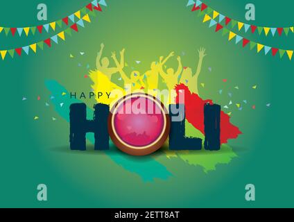 Happy Holi, affiche, bannière, modèle. Lettre élégante avec éléments Holi. Illustration vectorielle. Illustration de Vecteur