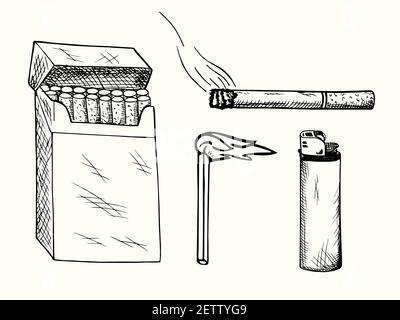 Paquet de cigarettes non ouvertes, cigarette avec fumée, allumette brûlante, briquet, Doodle dessiné à la main, dessin en forme de gravure, illustration d'esquisse, conception Banque D'Images