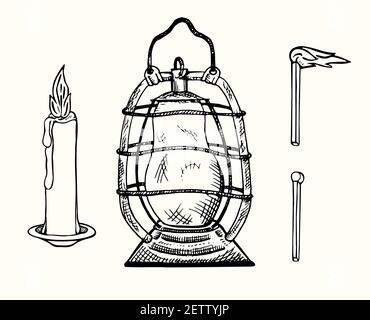 Bougie, lampe kérasine vintage, allumette brûlante et nouvelle, Doodle dessiné à la main, dessin de ligne simple, illustration d'esquisse, élément de conception Banque D'Images