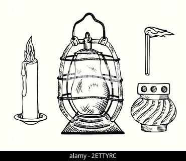 Ensemble vintage: Bougie, lampe kérasine vintage, allumette brûlante, lampe de sanctuaire (chancel ou lampe d'autel, lumière éternelle) Doodle dessiné à la main, simple ligne dr Banque D'Images