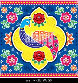 Motif vectoriel artistique pakistanais et indien avec paon et fleurs, motif poster floral traditionnel Illustration de Vecteur