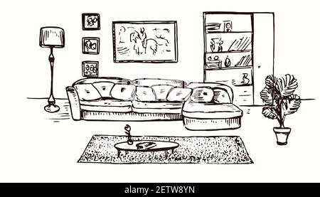 Intérieur de salon avec canapé, Doodle dessiné à la main, dessin en graviers, dessin d'illustration Banque D'Images
