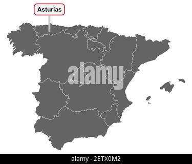 Carte de l'Espagne avec le nom du lieu des Asturies Banque D'Images