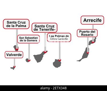 Place signes de nom et carte des îles Canaries Banque D'Images