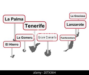 Place signes de nom et carte des îles Canaries Banque D'Images