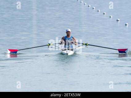 Linz, Autriche, lundi 26 août 2019, Championnat du monde d'aviron FISA, Regatta, États-Unis MPR2, M1X, Isaac FRENCH, S'éloigner, du ponton de départ, dans sa chaleur, [crédit obligatoire; Peter SPURRIER/Intersport Images] 10:32:12 26.08.19 Banque D'Images