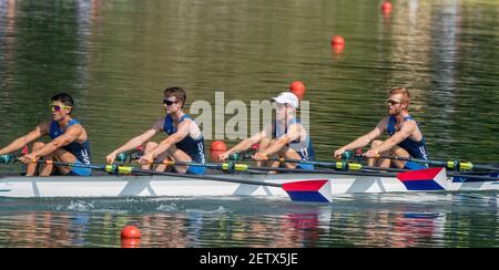 Linz, Autriche, lundi 26 août 2019, Championnat du monde d'aviron FISA, Regatta, USA LM4X, Bow Peter SCHMIDT, Daniel MADDEN, Jasper LIU, Zachary HEESE, s'éloigner, du ponton de départ, dans leur chaleur, [crédit obligatoire; Peter SPURRIER/Intersport Images] 11:57:08 26.08.19 Banque D'Images