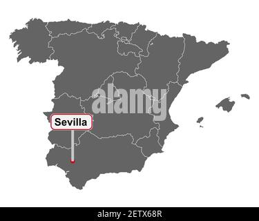 Place nom signe Sevilla sur la carte de l'Espagne Banque D'Images