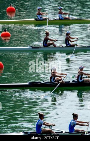 Linz, Autriche, mardi 27 août 2019, Championnat du monde d'aviron FISA, Regatta, USA LW2-, Bow Margaret BERTASI, Cara STAWICKI, [Crédit obligatoire; Peter SPURRIER/Intersport Images] s'éloigner, du ponton de départ, dans leur course préliminaire, 11:33:59 27.08.19 Banque D'Images