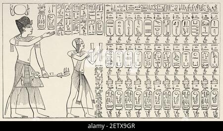 Temple mortuaire de pharaon Seti I, Menthatra (XIX dyn. 1321-1186 C.-B.) Abydos, Égypte ancienne. Afrique. Ancienne illustration gravée du XIXe siècle, El Mundo Ilustrado 1881 Banque D'Images