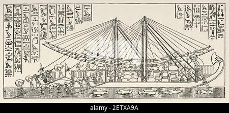 Le chargement de nourriture pour l'expédition de Hatshepsut au pays de Punt, relief du temple de Deir el-Bahari. Civilisation égyptienne, Égypte ancienne. Afrique. Ancienne illustration gravée du XIXe siècle, El Mundo Ilustrado 1881 Banque D'Images