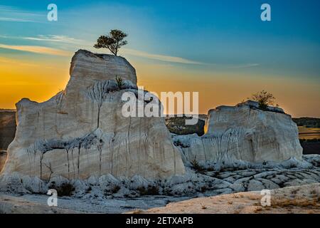 Moldavie, automne 2020. Seul sur le dessus. Arbre solitaire sur la roche dans la lumière étonnante du coucher du soleil Banque D'Images