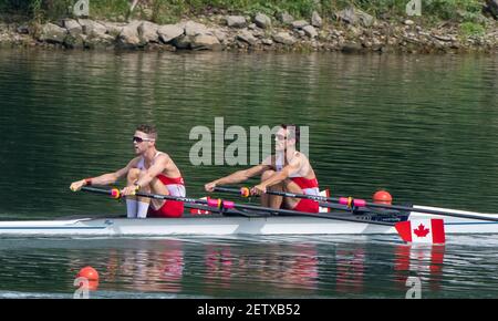 Linz, Autriche, mercredi 28 août 2019, Championnat du monde d'aviron FISA, Regatta, Start Area, CAN LM2X Bow Patrick KEANE, Maxwell LATTIMER, [crédit obligatoire; Peter SPURRIER/Intersport Images] 11:43:18 28.08.19 Banque D'Images