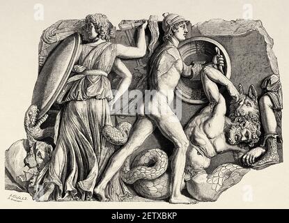 Détail de la Grande Frise de l'autel de Pergame qui représente la lutte des dieux avec les titans et les géants. 170 BC civilisation grecque. Ancienne illustration gravée du XIXe siècle, El Mundo Ilustrado 1881 Banque D'Images