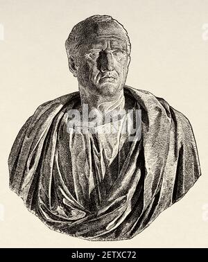 Marcus Tullius Cicero (106-43 av. J.-C.) homme d'État romain, avocat, érudit et sceptique académique, empire romain antique. Italie, Europe. Ancienne illustration gravée du XIXe siècle, El Mundo Ilustrado 1881 Banque D'Images