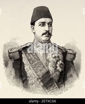 Portrait de Muhammed Tewfik Pasha (1852-1892) Khedive de l'Égypte et du Soudan, Egypte au XIX siècle. Afrique. Ancienne illustration gravée du XIXe siècle, El Mundo Ilustrado 1881 Banque D'Images