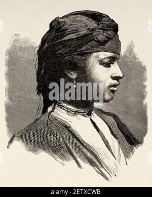 Portrait, femme de Fellah en vêtements traditionnels, Égypte XIXe siècle. Illustration gravée du XIXe siècle, El Mundo Ilustrado 1880 Banque D'Images