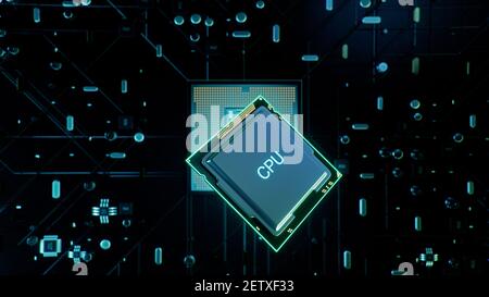 Expérience technologique avec le processeur et la carte de circuit imprimé. Processeur volant et installation dans la carte de circuit imprimé centrale. Concept de réseau neuronal. Transfert de données Banque D'Images