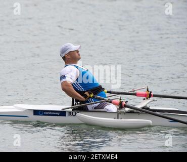 Linz, Autriche, dimanche 1er septembre 2019, Championnat du monde d'aviron FISA, dimanche fin de journée, RUS PR1 M1X, Alexey CHUVASHEV, [crédit obligatoire; Peter SPURRIER/Intersport Images] 13:30:17 01/09/2019 Banque D'Images