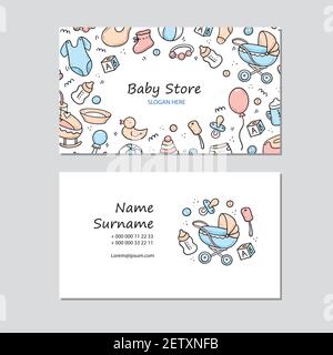 Carte de visite tirée à la main avec des choses pour bébé, jouet, hochet, lait bootle, vêtements. Style d'esquisse Doodle. Illustration pour magasin de bébé, modèle de conception de carte de visite de magasin pour enfants. Illustration de Vecteur