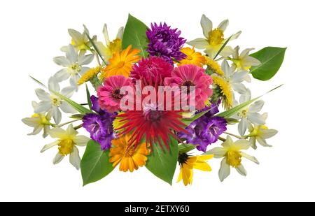 magnifique bouquet de fleurs aux couleurs vives, dahlia rouge, chrysanthème, gerbera rose, pissenlits jaunes, jonquilles blanches Banque D'Images