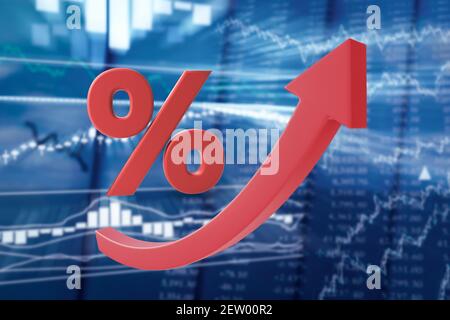 Flèche rouge croissante et symbole de pourcentage sur un arrière-plan flou des cours d'actions. Augmenter les taux d'intérêt des courtiers sur la bourse. illustration 3d Banque D'Images