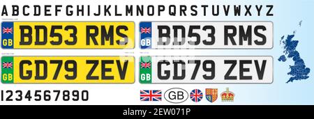 Plaque d'immatriculation pour voiture au Royaume-Uni, lettres, chiffres et symboles, illustration vectorielle, après le brexit Illustration de Vecteur
