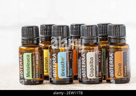 Pecs, Hungray - février 27 2021 - image éditoriale illustrative des huiles essentielles Doterra pour usage quotidien Banque D'Images