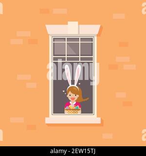 Fenêtre de l'appartement avec une fille portant des oreilles de lapin tenant le panier rempli d'oeufs de pâques. Concept joyeuses Pâques Illustration de Vecteur